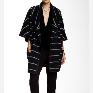 Free People Wool Blend Black and  White Striped Blanket Coat